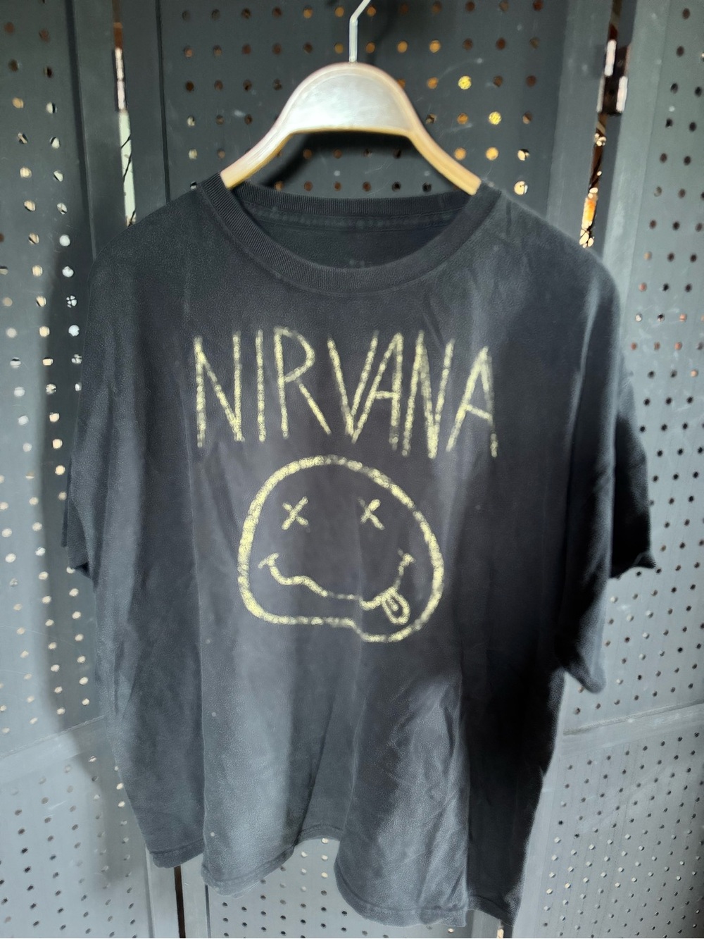 NIRVANA Black Tee with Gold Smiley Graphic